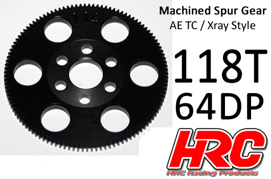 HRC Racing - HRC764118X - Spur Gear - 64DP - Low Friction Machined Delrin - Xray/AE/TM Style - 118T