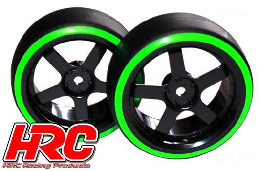 HRC Racing - HRC61061GR - Gomme - 1/10 Drift - montato - Cerchi 5-Spoke 3mm Offset - Dual Color - Slick - Nero/Verde (2 pzi)