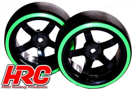 HRC Racing - HRC61062GR - Tires - 1/10 Drift - mounted - 5-Spoke Wheels 6mm Offset - Dual Color - Slick - Black/Green (2 pcs)