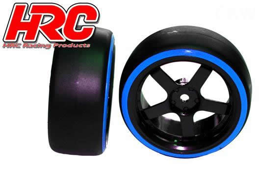 Tires - 1/10 Drift - mounted - 5-Spoke Wheels 3mm Offset - Dual Color - Slick - Black/Blue (2 pcs)