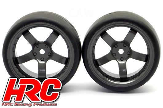 HRC Racing - HRC61072GM - Tires - 1/10 Drift - mounted - 5-Spoke Gunmetal Wheels 6mm Offset - Slick (2 pcs)