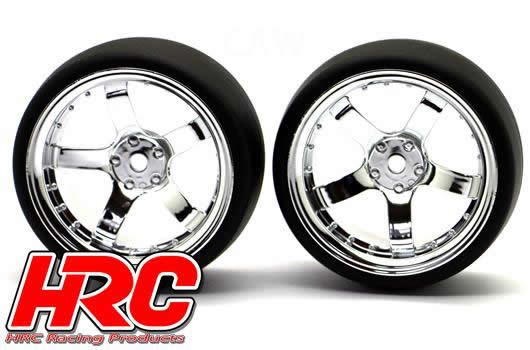 HRC Racing - HRC61072CH - Tires - 1/10 Drift - mounted - 5-Spoke Chrome Wheels 6mm Offset - Slick (2 pcs)