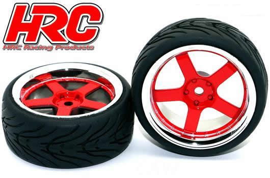 Reifen - 1/10 Touring - montiert - 5-Stars Rot/Chrome Felgen - 12mm hex - HRC High Grip Street-V (2 Stk.)