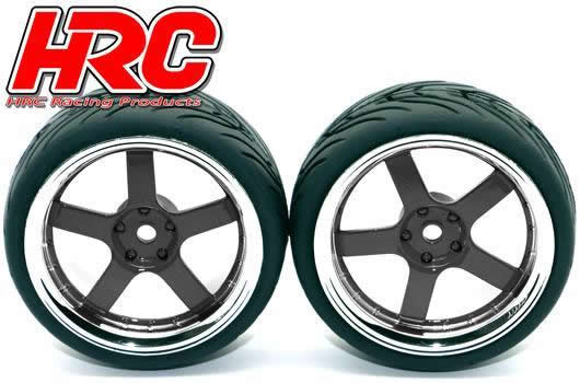 Tires - 1/10 Touring - mounted - 5-Stars Black/Chrome Wheels - 12mm hex - HRC High Grip Street-V (2 pcs)