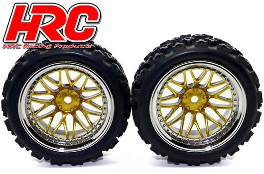 Tires - 1/10 Rally - mounted - Gold/Chrome Wheels - 12mm Hex - HRC Rally (2 pcs)