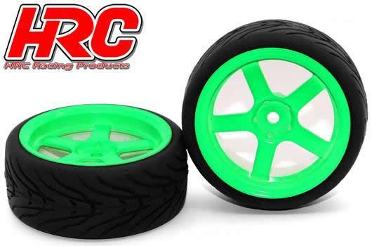 HRC Racing - HRC61021GR - Tires - 1/10 Touring - mounted - 5-Spoke Green Wheels - 12mm Hex - HRC Street-V II (2 pcs)
