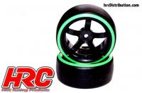 Tires - 1/10 Drift - mounted - 5-Spoke Wheels 6mm Offset - Dual Color - Slick - Black/Green (2 pcs)
