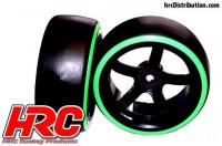 Tires - 1/10 Drift - mounted - 5-Spoke Wheels 6mm Offset - Dual Color - Slick - Black/Green (2 pcs)