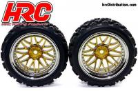 Reifen - 1/10 Rally - montiert - Gold/Chrome Felgen - 12mm Hex - HRC Rally  (2 Stk.)