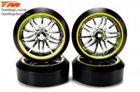 Tires - 1/10 Drift - mounted - Starlight Wheels Silver / Yellow - 12mm Hex - 45° - Hard (4 pcs)