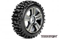 Tires - 1/8 Buggy - mounted -  Chrome Black wheels - 17mm Hex - Rhythm (2 pcs)