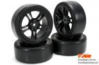 Tires - 1/10 Touring - mounted - 5 Spoke Black wheels - 12mm Hex - Slics (4 pcs)