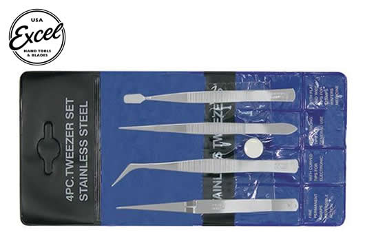 Excel Tools - EXL30416 - Werkzeug - Pinzette - Edelstahl - 4-teiliges Pinzettenset im Etui