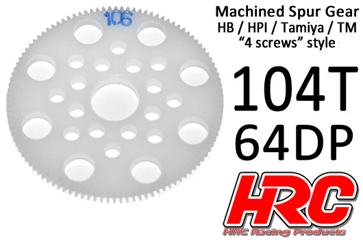 HRC Racing - HRC764104P - Spur Gear - 64DP - Low Friction Machined Delrin - HPI/HB/Tamiya Style - 104T