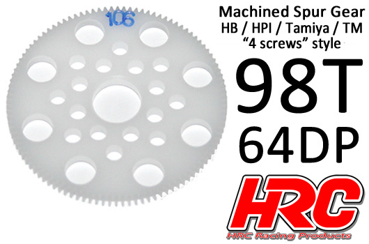 HRC Racing - HRC76498P - Spur Gear - 64DP - Low Friction Machined Delrin - HPI/HB/Tamiya Style - 98T