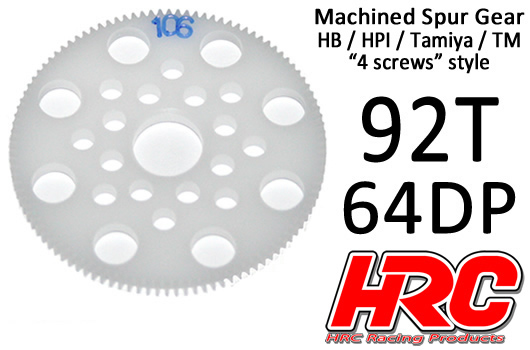 HRC Racing - HRC76492P - Spur Gear - 64DP - Low Friction Machined Delrin - HPI/HB/Tamiya Style - 92T