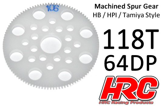 HRC Racing - HRC764118P - Spur Gear - 64DP - Low Friction Machined Delrin - HPI/HB/Tamiya Style - 118T