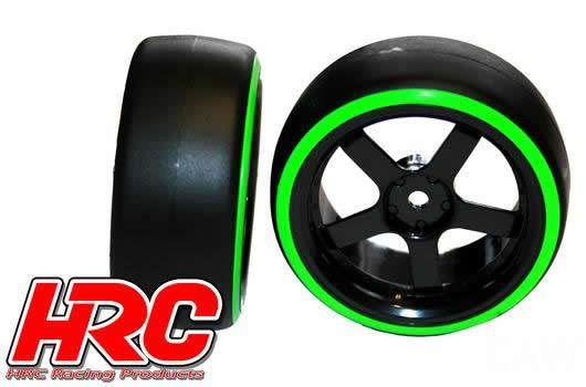Tires - 1/10 Drift - mounted - 5-Spoke Wheels 3mm Offset - Dual Color - Slick - Black/Green (2 pcs)