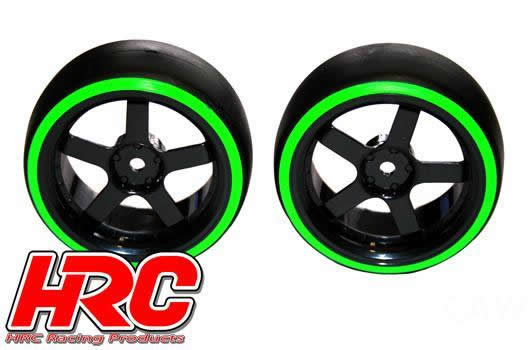 Tires - 1/10 Drift - mounted - 5-Spoke Wheels 3mm Offset - Dual Color - Slick - Black/Green (2 pcs)
