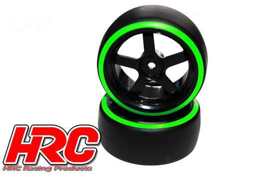 Gomme - 1/10 Drift - montato - Cerchi 5-Spoke 3mm Offset - Dual Color - Slick - Nero/Verde (2 pzi)
