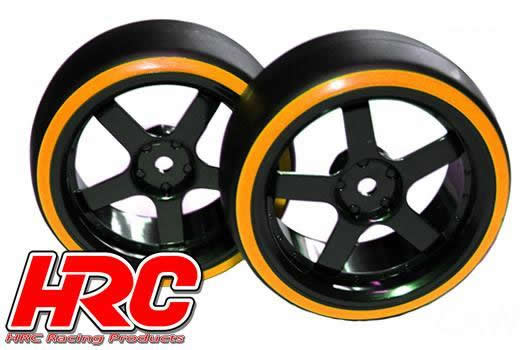 HRC Racing - HRC61061OR - Tires - 1/10 Drift - mounted - 5-Spoke Wheels 3mm Offset - Dual Color - Slick - Black/Orange (2 pcs)