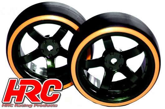 HRC Racing - HRC61062OR - Gomme - 1/10 Drift - montato - Cerchi 5-Spoke 6mm Offset - Dual Color - Slick - Nero/Arancioni (2 pzi)