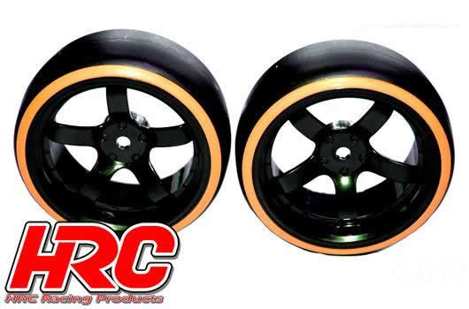 Tires - 1/10 Drift - mounted - 5-Spoke Wheels 6mm Offset - Dual Color - Slick - Black/Orange (2 pcs)