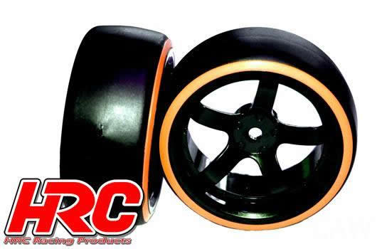 Tires - 1/10 Drift - mounted - 5-Spoke Wheels 6mm Offset - Dual Color - Slick - Black/Orange (2 pcs)