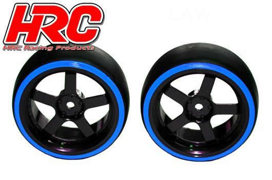 Tires - 1/10 Drift - mounted - 5-Spoke Wheels 3mm Offset - Dual Color - Slick - Black/Blue (2 pcs)