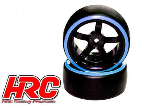 Tires - 1/10 Drift - mounted - 5-Spoke Wheels 6mm Offset - Dual Color - Slick - Black/Blue (2 pcs)