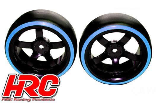 Tires - 1/10 Drift - mounted - 5-Spoke Wheels 6mm Offset - Dual Color - Slick - Black/Blue (2 pcs)