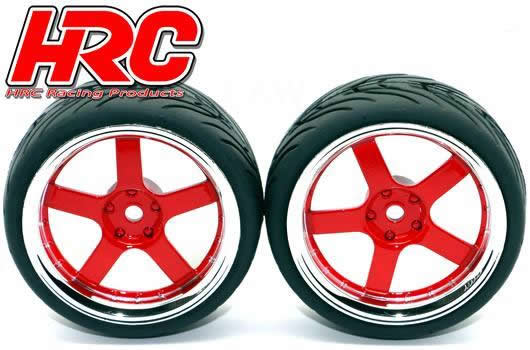 Tires - 1/10 Touring - mounted - 5-Stars Red/Chrome Wheels - 12mm hex - HRC High Grip Street-V 26mm(2 pcs)