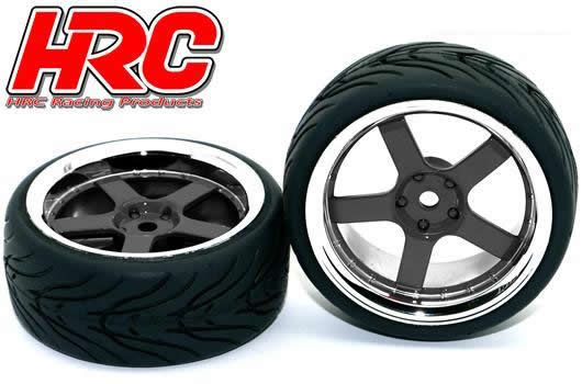 HRC Racing - HRC61013/2 - Reifen - 1/10 Touring - montiert - 5-Stars Schwarz/Chrome Felgen - 12mm hex - HRC High Grip Street-V (2 Stk.)