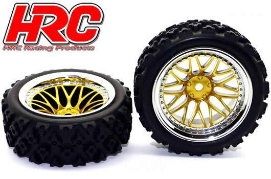 Tires - 1/10 Rally - mounted - Gold/Chrome Wheels - 12mm Hex - HRC Rally (2 pcs)