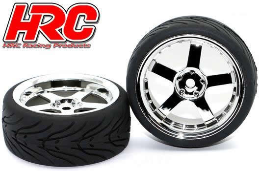 HRC Racing - HRC61021CH - Pneus - 1/10 Touring - montés - Jantes Chromes 5-bâtons - 12mm Hex - HRC Street-V II (2 pces)
