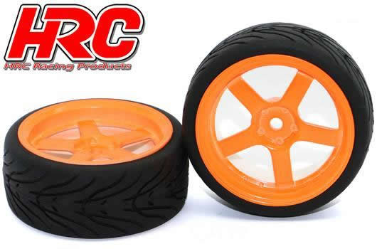 HRC Racing - HRC61021OR - Tires - 1/10 Touring - mounted - 5-Spoke Orange Wheels - 12mm Hex - HRC Street-V II (2 pcs)