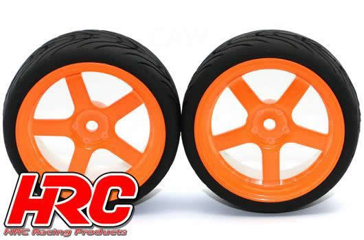 Reifen - 1/10 Touring - montiert - 5-Spoke Orange Felgen - 12mm Hex - HRC Street-V II (2 Stk.)
