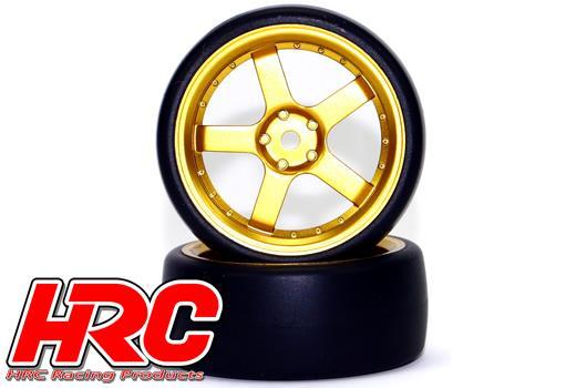 Tires - 1/10 Drift - mounted - 5-Spoke Gold Wheels 3mm Offset - Slick (2 pcs)