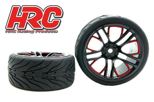 HRC Racing - HRC61016A - Gomme - 1/10 Touring - montato - Cerchi Five Blocks Rossi/Neri - 12mm Hex - HRC Street Devil (2 pzi)