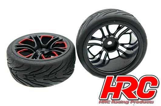 Pneus - 1/10 Touring - montés - Jantes Five Blocks Rouge/Noir - 12mm hex - HRC Street Devil 26mm(2 pces)
