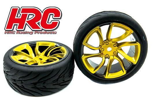 HRC Racing - HRC61016D - Pneus - 1/10 Touring - montés - Jantes Turbo Gold - 12mm hex - HRC Street Devil (2 pces)
