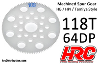 Spur Gear - 64DP - Low Friction Machined Delrin - HPI/HB/Tamiya Style - 118T