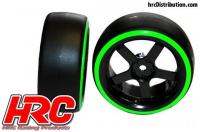 Tires - 1/10 Drift - mounted - 5-Spoke Wheels 3mm Offset - Dual Color - Slick - Black/Green (2 pcs)