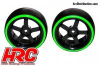 Gomme - 1/10 Drift - montato - Cerchi 5-Spoke 3mm Offset - Dual Color - Slick - Nero/Verde (2 pzi)