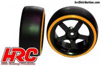 Tires - 1/10 Drift - mounted - 5-Spoke Wheels 3mm Offset - Dual Color - Slick - Black/Orange (2 pcs)