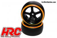 Tires - 1/10 Drift - mounted - 5-Spoke Wheels 3mm Offset - Dual Color - Slick - Black/Orange (2 pcs)