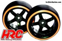 Tires - 1/10 Drift - mounted - 5-Spoke Wheels 6mm Offset - Dual Color - Slick - Black/Orange (2 pcs)