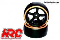 Tires - 1/10 Drift - mounted - 5-Spoke Wheels 6mm Offset - Dual Color - Slick - Black/Orange (2 pcs)