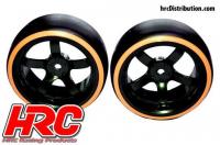 Tires - 1/10 Drift - mounted - 5-Spoke Wheels 6mm Offset - Dual Color - Slick - Black/Orange (2 pcs)