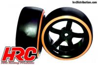 Tires - 1/10 Drift - mounted - 5-Spoke Wheels 6mm Offset - Dual Color - Slick - Black/Orange (2 pcs)